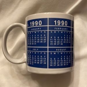 1990 Calendar Mug 11oz Blue & White NIB